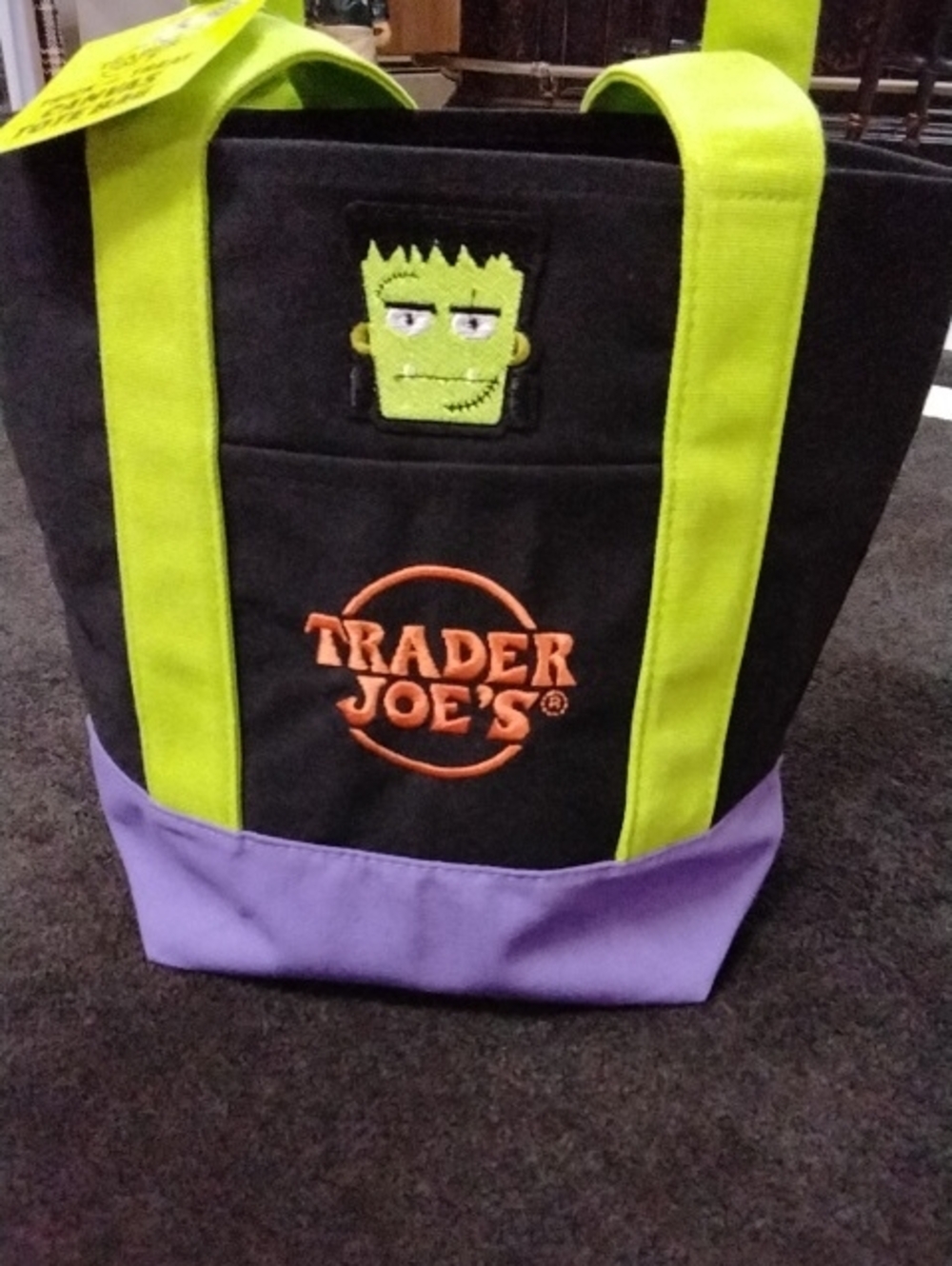 Black Tote Bag with Neon Green Straps and Purple Base